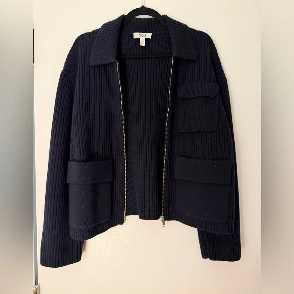 COS Ribbed Zip-Front Cardigan Jacket in Navy Blue - Picture 2 of 5